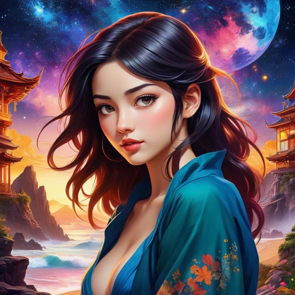 A captivating collage featuring iconic characters from adult animation, such as sensually designed anime figures, intricate manga panels, and stylized elements that reflect fantasy landscapes. Include a blend of vibrant colors highlighting erotic themes and alluring expressions, set against a cosmic background filled with stars and abstract shapes. The overall composition should evoke a sense of adventure and artistic exploration. super-realistic. vibrant colors. fantasy art.